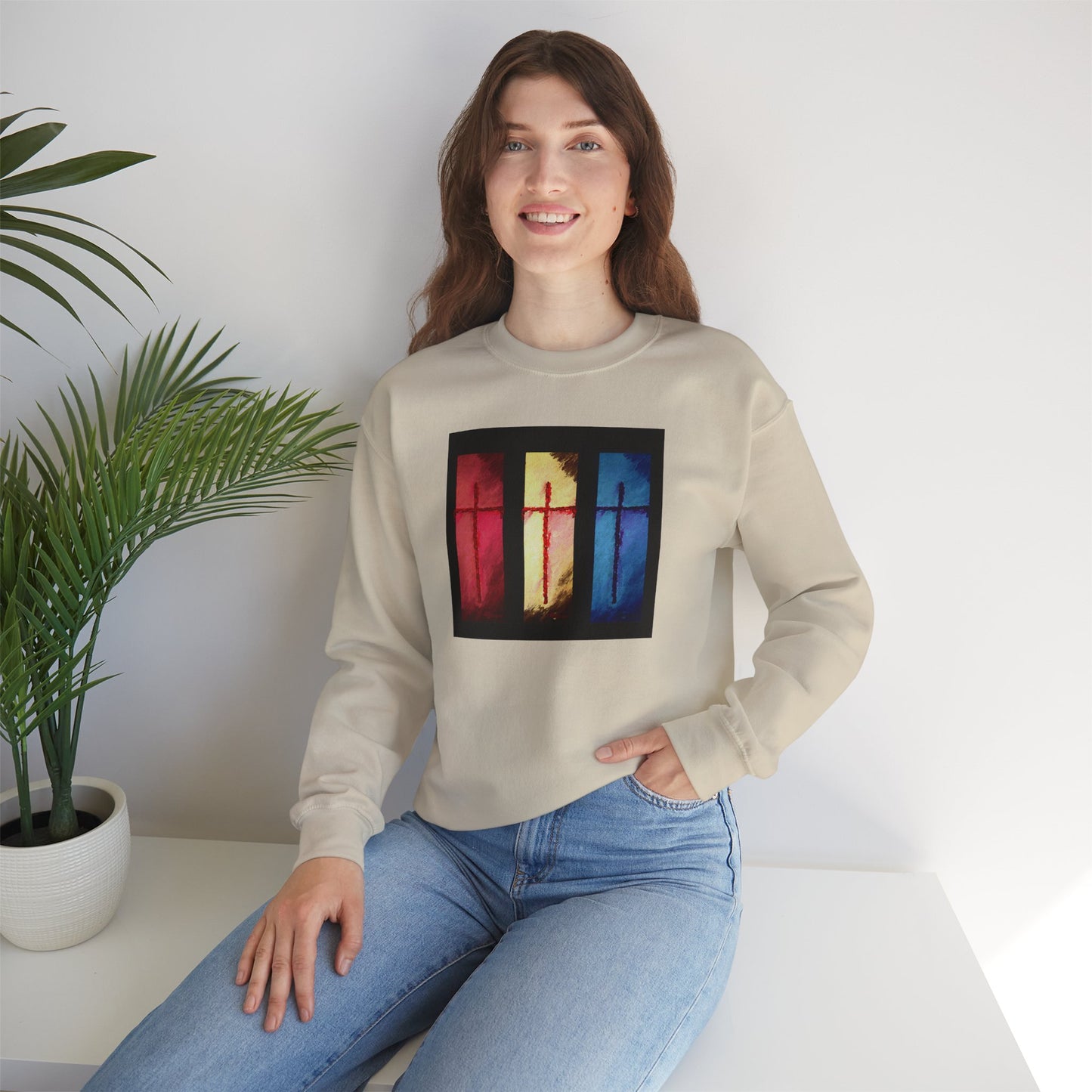 "Three Souls - Enlightened Spirit Crewneck Sweatshirt – Spiritual Cross Art Painting”