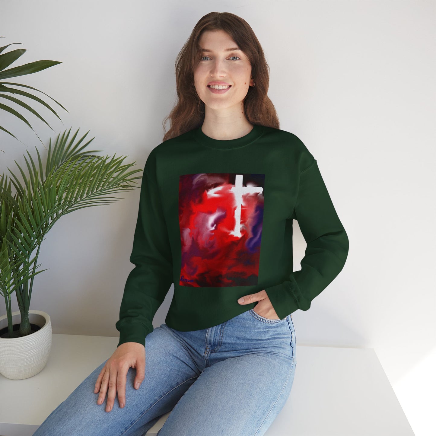 "Above The Light - Enlightened Spirit Crewneck Sweatshirt – Spiritual Cross Art Painting”