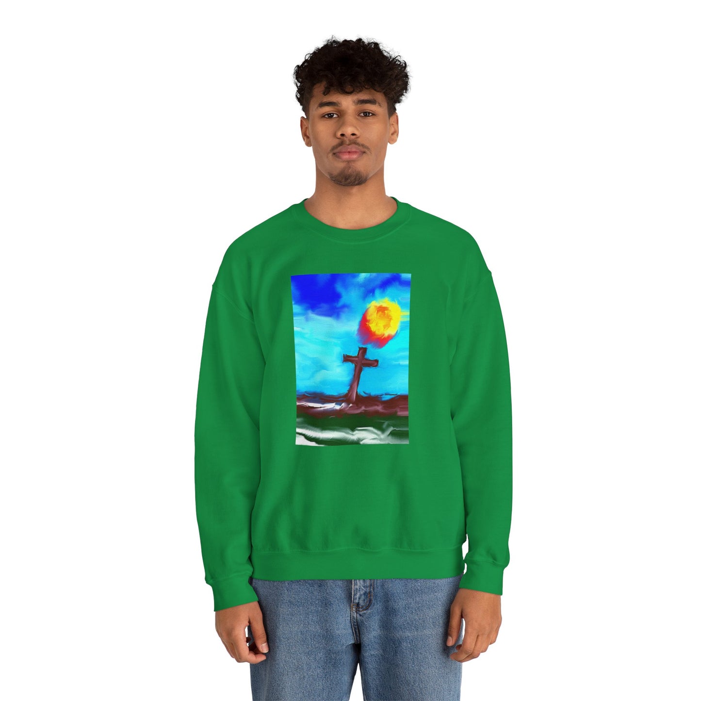 "Sunlight - Enlightened Spirit Crewneck Sweatshirt – Spiritual Cross Art Painting”