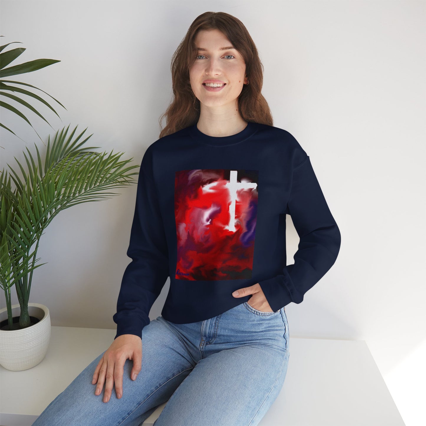 "Above The Light - Enlightened Spirit Crewneck Sweatshirt – Spiritual Cross Art Painting”