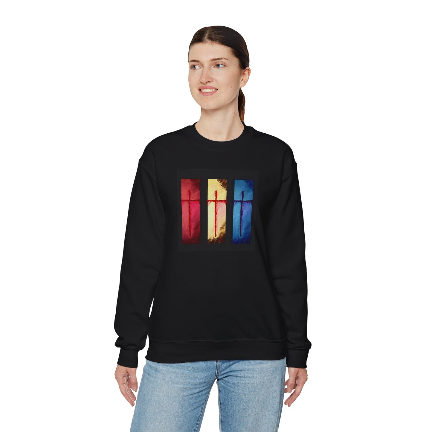 "Three Souls - Enlightened Spirit Crewneck Sweatshirt – Spiritual Cross Art Painting”