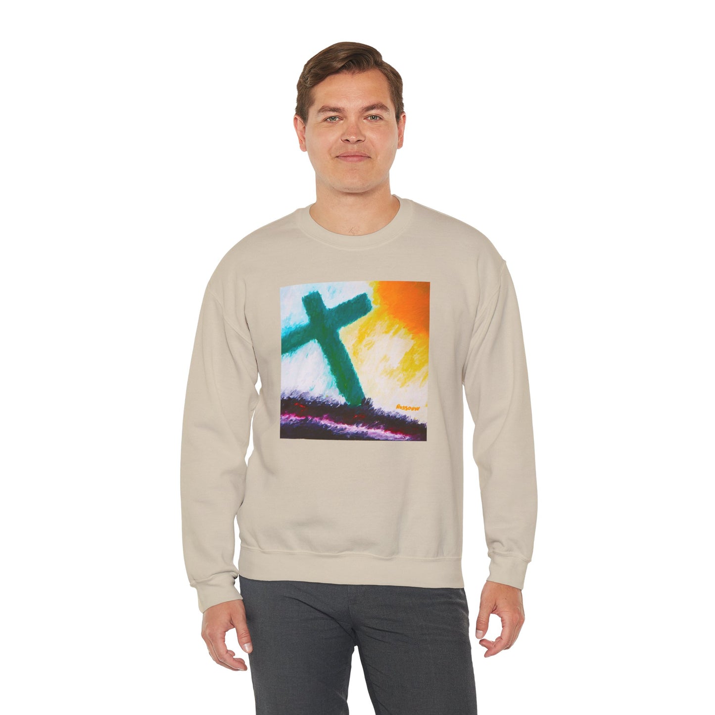 "Sunrise - Enlightened Spirit Crewneck Sweatshirt – Spiritual Cross Art Painting”