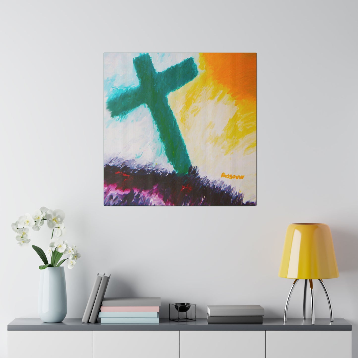 "Powerful Cross Painting - Inspirational Art by Rossouw on Matte Canvas"