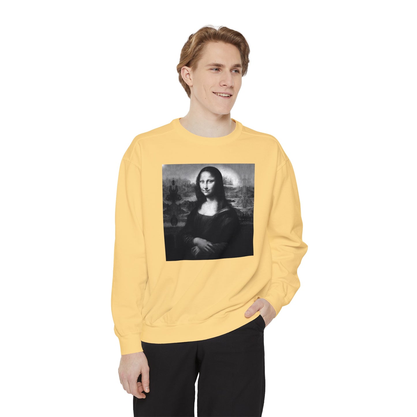 Mona Lisa (B&W): Luxurious Unisex Garment-Dyed Sweatshirt