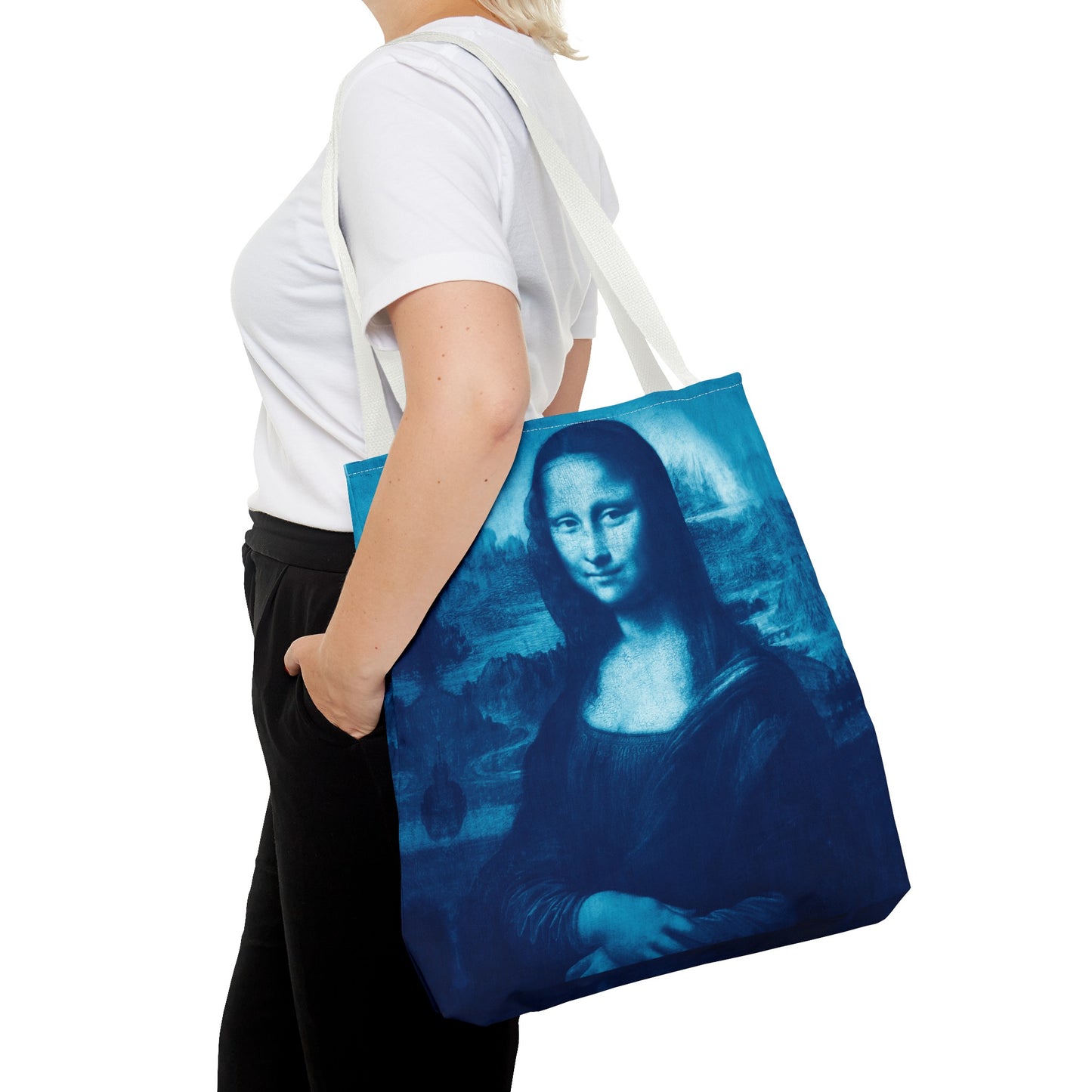 Mona Lisa (Blue) Tote Bags - Vibrant Designer Fashion Accessory with Iconic Artistry