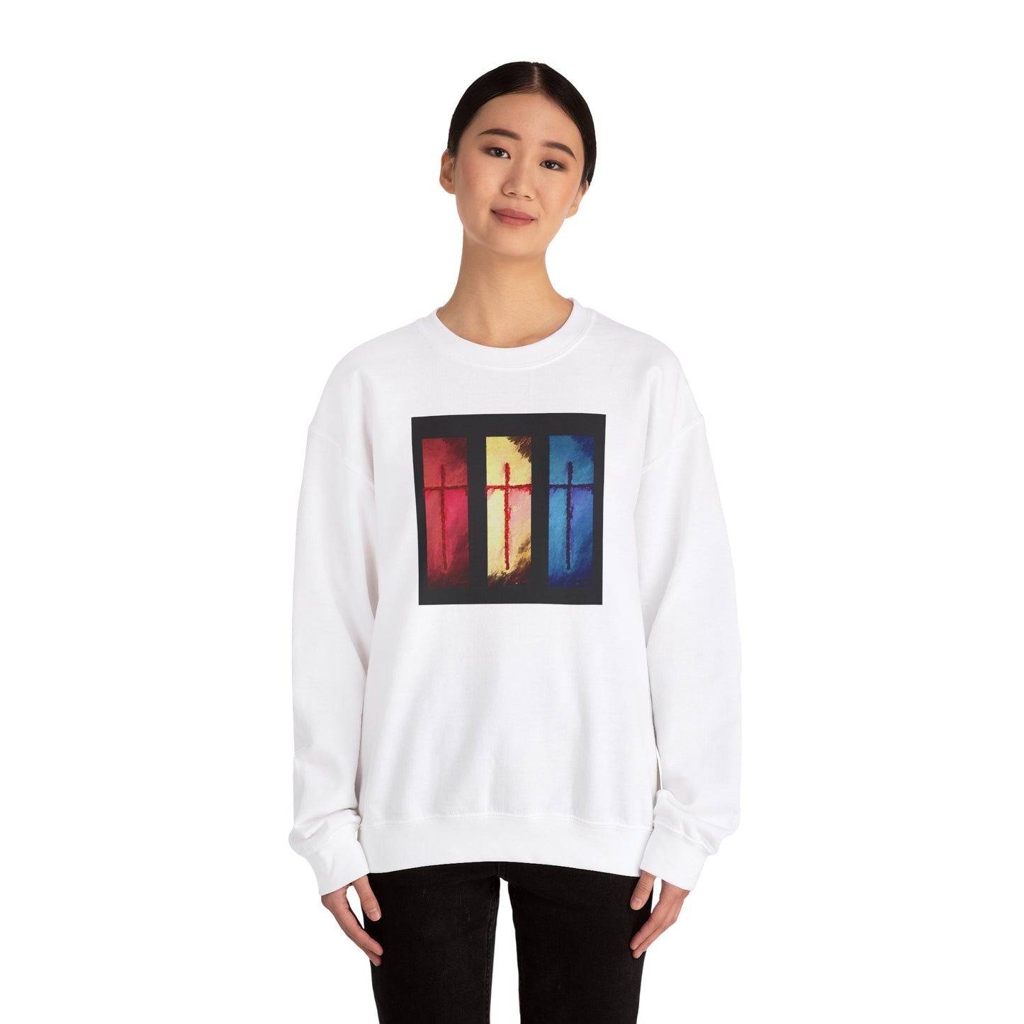 "Three Souls - Enlightened Spirit Crewneck Sweatshirt – Spiritual Cross Art Painting”